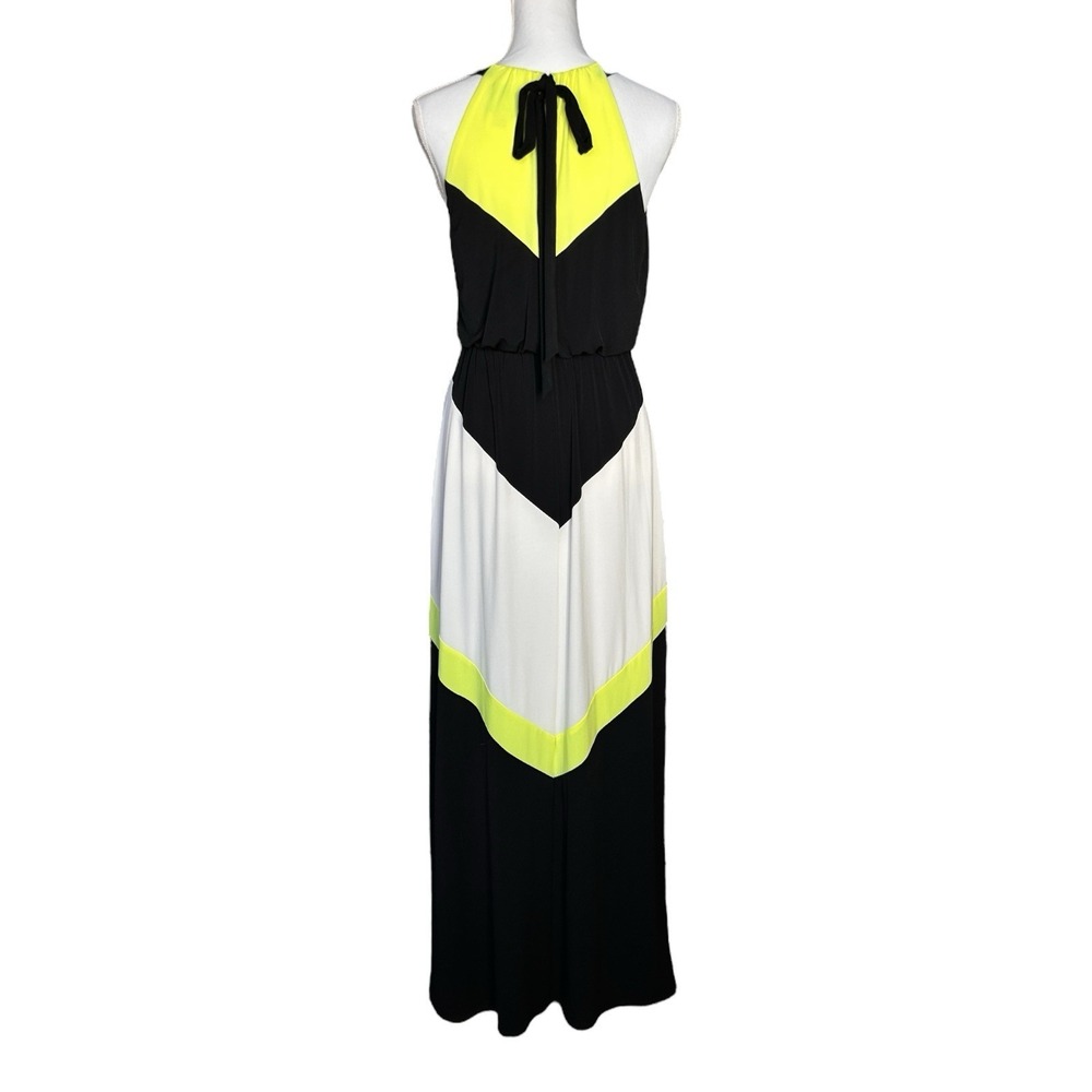 VINCE CAMUTO Halter Maxi Dress Chevron Colorblock Black Yellow SEE Measurements - Picture 3 of 10